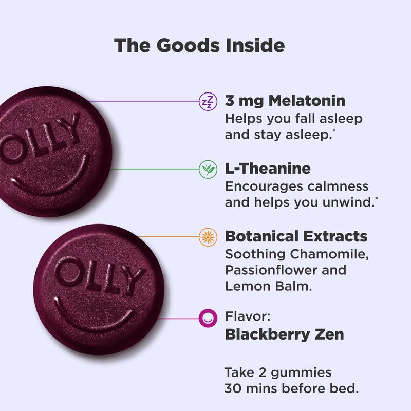 OLLY Sleep Gummy, Occasional Sleep Support, 3 mg Melatonin, L-Theanine, Chamomile, Lemon Balm, Sleep Aid, Blackberry, 50 Count-Expiry -11/30/2024